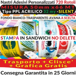 NASTRI ADESIVI PERSONALIZZATI STAMPA FINO A 8 COLORI - OFFERTA 720 pz silenziato